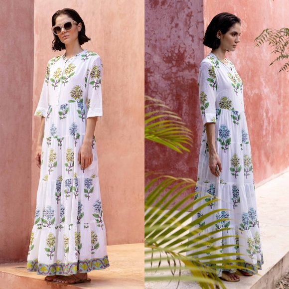 Oliphant Dresses & Skirts - Oliphant Button Neck 3/4 Sleeve Maxi Dress Puglia Lime Size XS